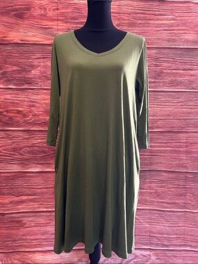 Wool& Olive Green V-Neck Women's Dress | Medium-long